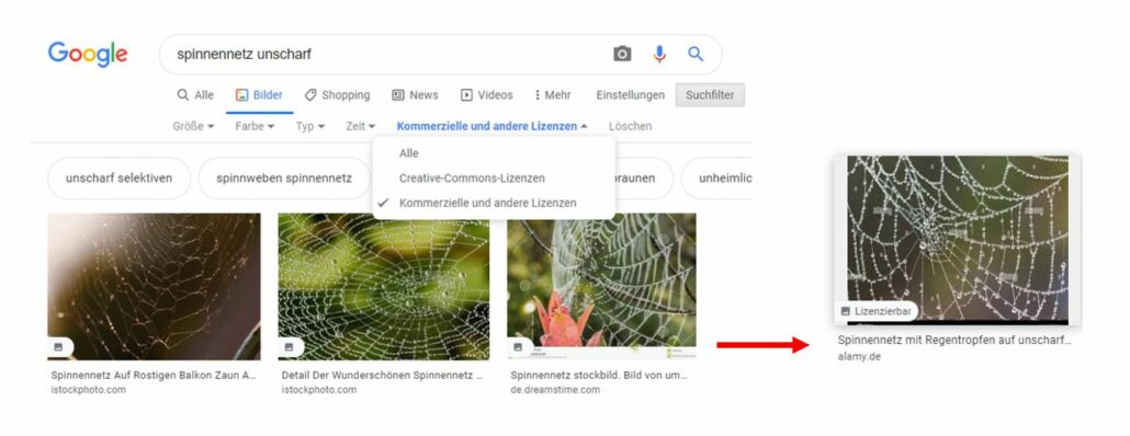 Bei der Google-Suche kann man gezielt nach Bildern selektieren, die lizenzierbar sind.