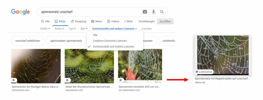 Bei der Google-Suche kann man gezielt nach Bildern selektieren, die lizenzierbar sind.