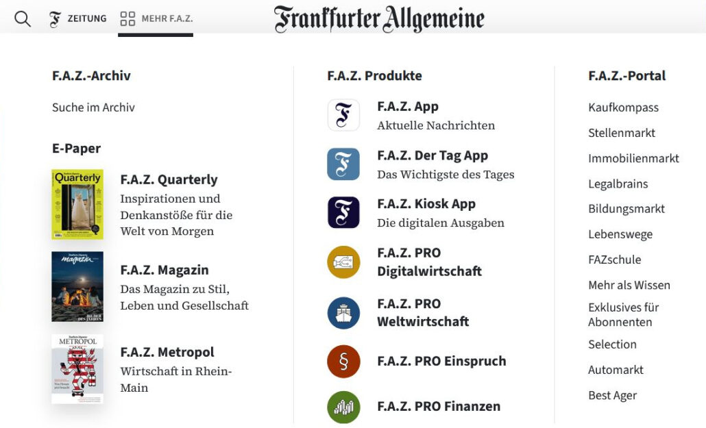 Übersicht über das Angebot der Tageszeitung FAZ im Bereich digitaler Kanäle.